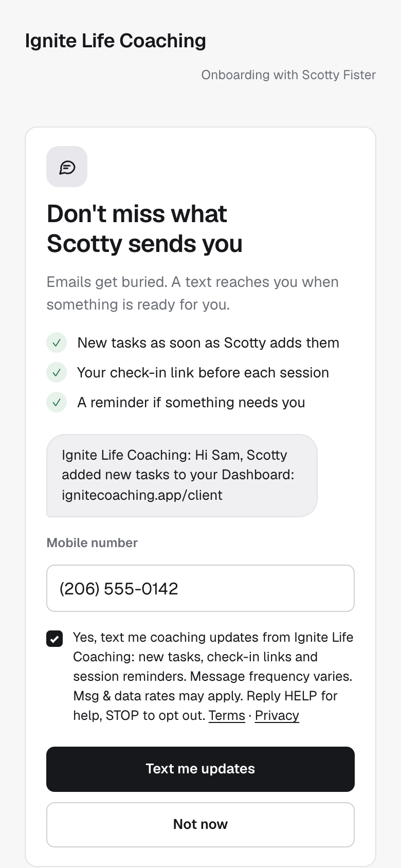 The same Get texts screen with a mobile number entered and the consent box ticked by the client